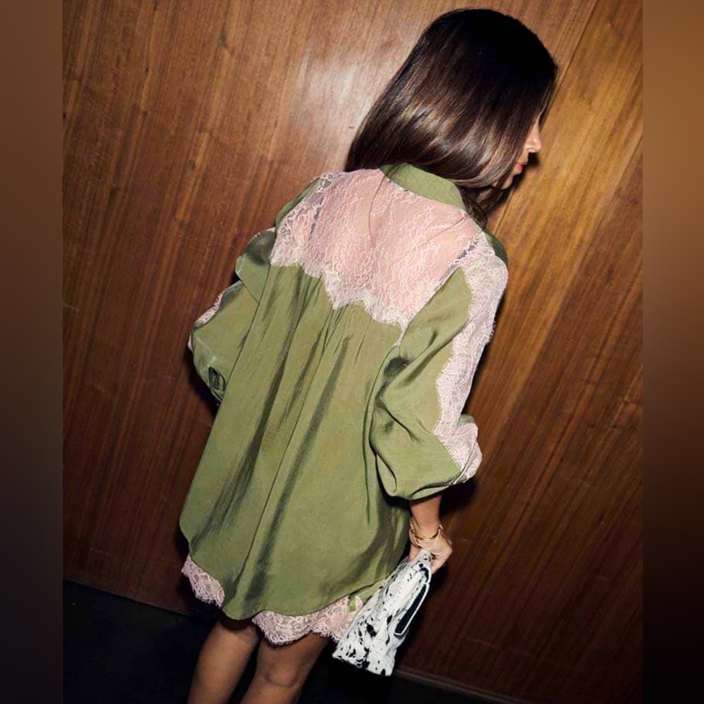 Lace Trim Satin Shirt - Picture 10 of 12